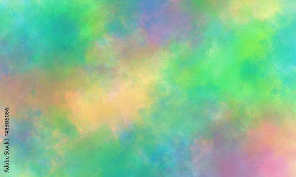 Abstract translucent watercolor background in green, yellow, blue, purple and orange tones. Copy space, horizontal banner.