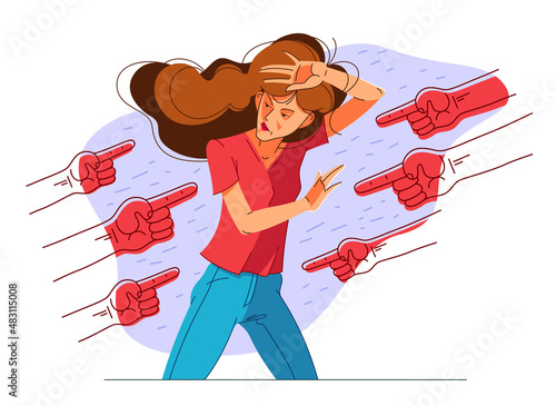 Young girl in problem and pointing finger hands vector illustration concept of bullying and shaming, mockery and discrimination theme.