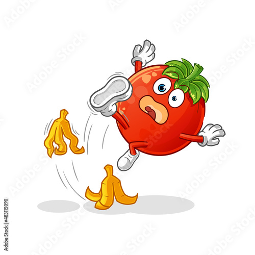 tomato slipped on banana. cartoon mascot vector