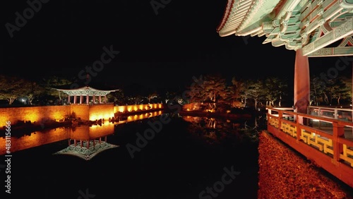 Gyeongju, South Korea - Nov 2021 : Gyeongju travel Donggung Palace, Pavilion in Anapji lake at night . Gyeongju, South Korea. photo