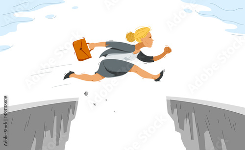 Businesswoman jumps through gap, business risk concept vector illustration, woman employee worker leap over obstacle, career problems, bold to success.