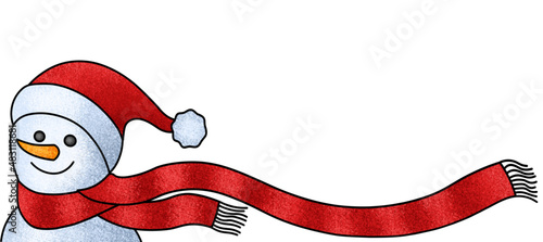 Snowman in a long red scarf. Ney Year vector. Christmas motives. Cartoon illustration. Winter mood. Hand drawned