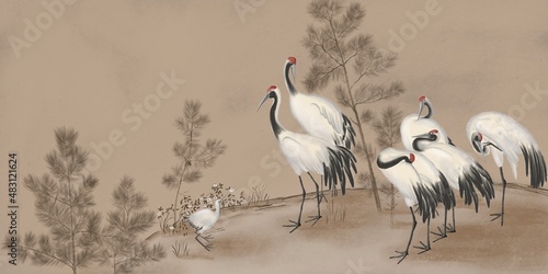 White cranes with background. Abstract watercolor paint background grunge texture. Interior Wallpaper. Mural for the walls, fresco for the room, interior grunge style