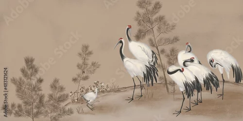 Fototapeta samoprzylepna White cranes with background. Abstract watercolor paint background grunge texture. Interior Wallpaper. Mural for the walls, fresco for the room, interior grunge style