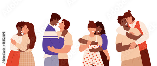 Homosexual couples set.Gay couple in love.Men and women hugging,cuddling and smiling.Diverse gay people in romantic relationships.Pride month. Isolated on white background.