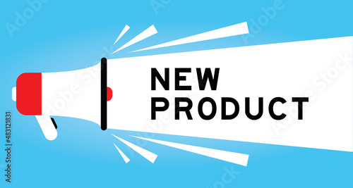 Color megphone icon with word new product in white banner on blue background