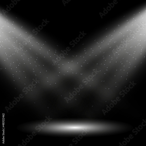 White spotlight flickering in the background of the stage, glitter, stars shining dust on a black background