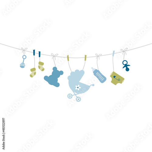 Quadrat Gebogene Leine Hängende Babysymbole Junge Retroblau Olivgrün