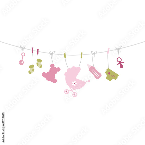 Quadrat Gebogene Leine Hängende Babysymbole Mädchen Rosa Olivgrün