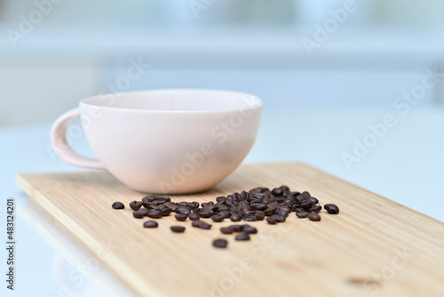 Black coffee in a white mug, Coffee beans