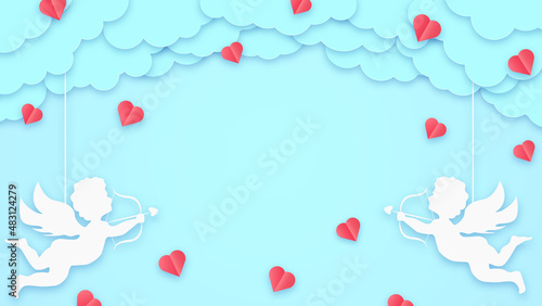 Happy valentines day greeting card background. Place for text. Holiday blue banner with clouds, cupids and hearts. Space for text