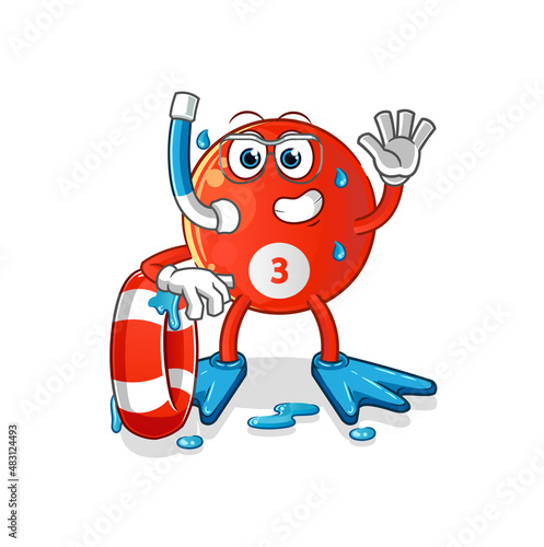 red billiard ball swimmer with buoy mascot. cartoon vector