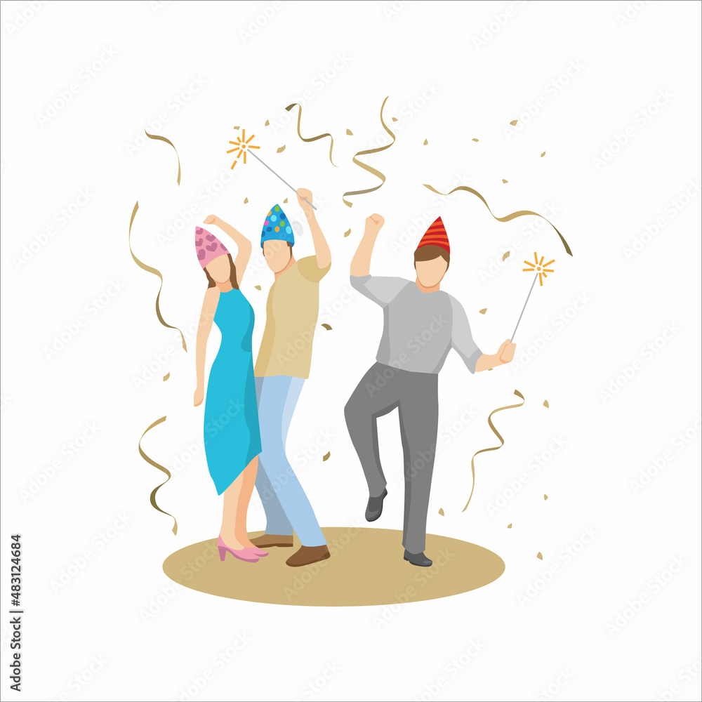 Happy people dancing celebrate party or new year with confetti and fireworks