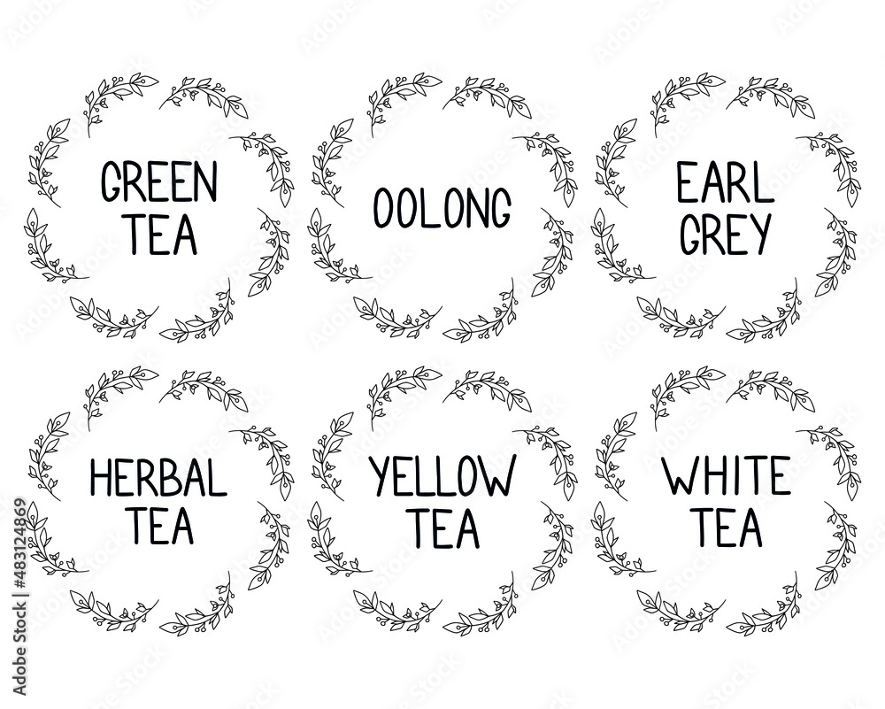 Black white vector tea 6 labels or stickers. Round botanical frame for each sticker. Labels, stickers, craft decals, floral frame and tea name: green, white, yellow, herbal tea, oolong and earl grey.