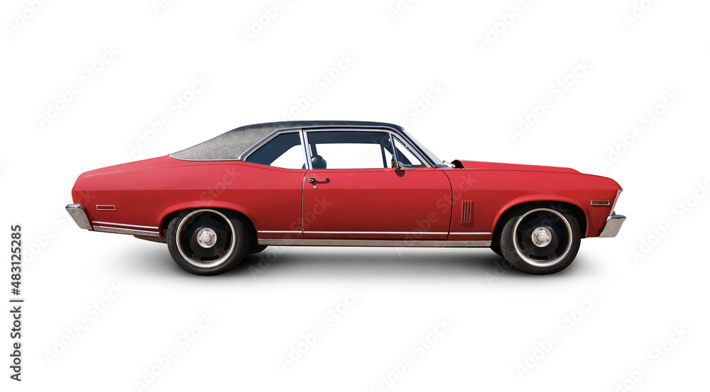 Classic Red Muscle Car Isolated on White. All Logos Removed.