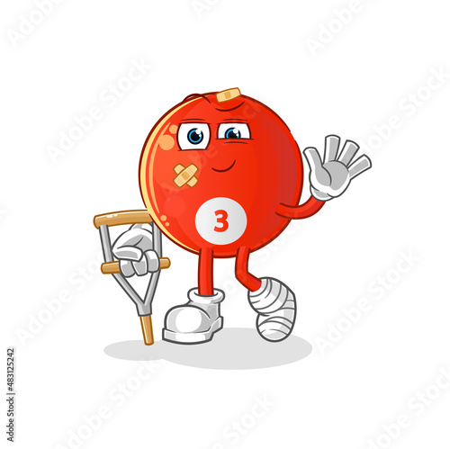 red billiard ball sick with limping stick. cartoon mascot vector