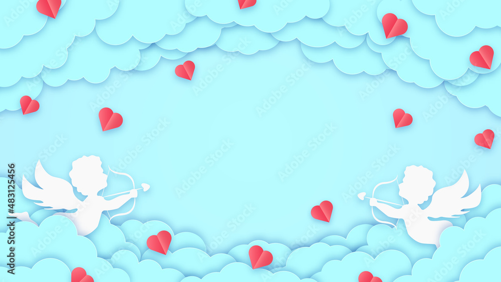 Happy valentines day greeting card background. Place for text. Holiday blue banner with clouds, cupids and hearts. Space for text