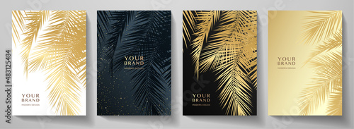 Tropical cover, frame design set with abstract palm leaf pattern (palm tree leaves). Premium gold, black vector background useful for brochure template, exotic restaurant menu, invitation