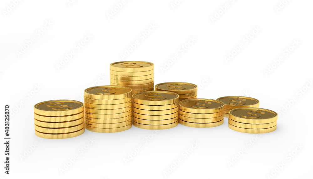 Stacks of golden dollar coins. 3D illustration Stacks of golden dollar coins. 3D illustration