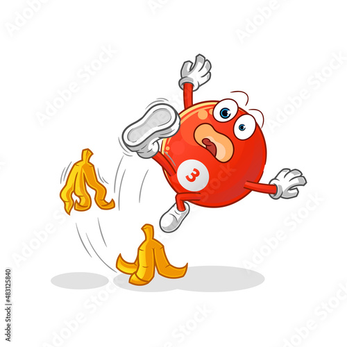 red billiard ball slipped on banana. cartoon mascot vector