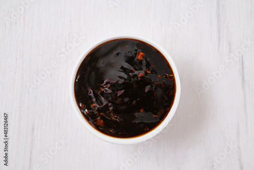 Top view of small bowl with spicy teriyaki sauce
