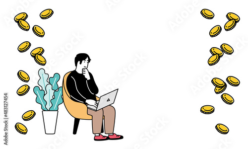 リラックスした仕草でパソコンをする男性とコインのイラスト
