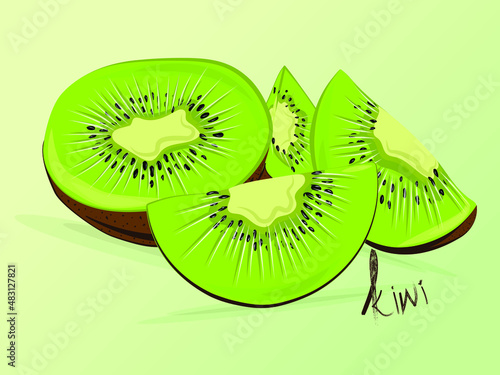 Fresh green kiwi  cut in half and slice. 
Summer fruits for a healthy lifestyle. Kiwi, halg and slice fruit . Vector illustration cartoon flat icon. art logo design