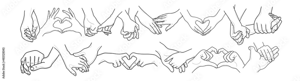 Vector set of human hands of couple in love or friends, lgbt. Heart shaped hands. Holding hands. Graphic lines design. Individual elements. Vector set of human hands of couple in love or friends, lgbt. Heart shaped hands. Holding hands. Graphic lines design. Individual elements.