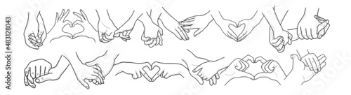 Vector set of human hands of couple in love or friends, lgbt. Heart shaped hands. Holding hands. Graphic lines design. Individual elements.