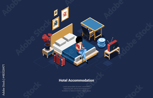 Vector Illustration. Cartoon 3D Style With Character. Isometric Composition On Hotel Accommodation Concept. Woman Sitting On Bed With Phone. Room Indoors Look, Interior Objects. House Business Ideas