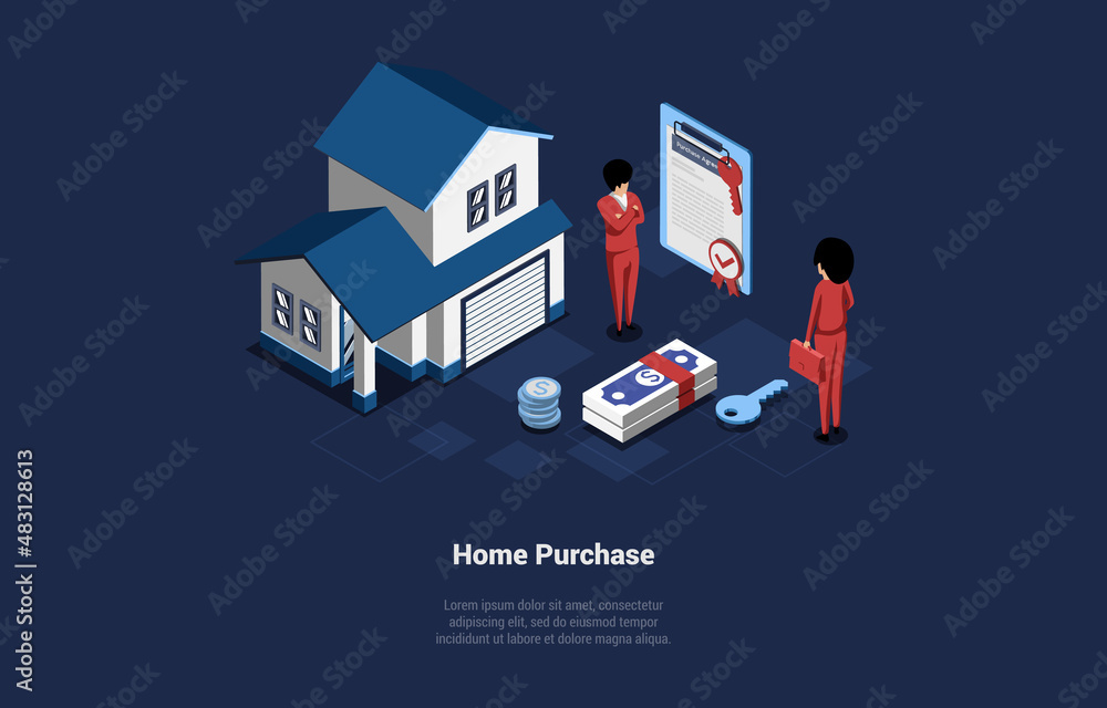 Vector Illustration. Cartoon 3D Style With Characters. Isometric Composition On Home Purchase Agreement Concept. Two Businesspeople Standing, Contract Near, Keys, House Building, Money Elements Around
