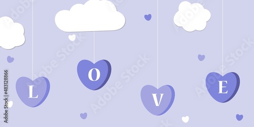 Flying letters in the sky. Valentin's Day. Heart form. Text Love. Design element for wallpapers, wedding invitations, greeting cards, valentine cards in very peri color. Vector illustration. EPS 10