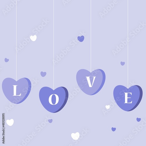 Flying letters in the sky. Valentin's Day. Heart form. Text Love. Design element for wallpapers, wedding invitations, greeting cards, valentine cards in very peri color. Vector illustration. EPS 10