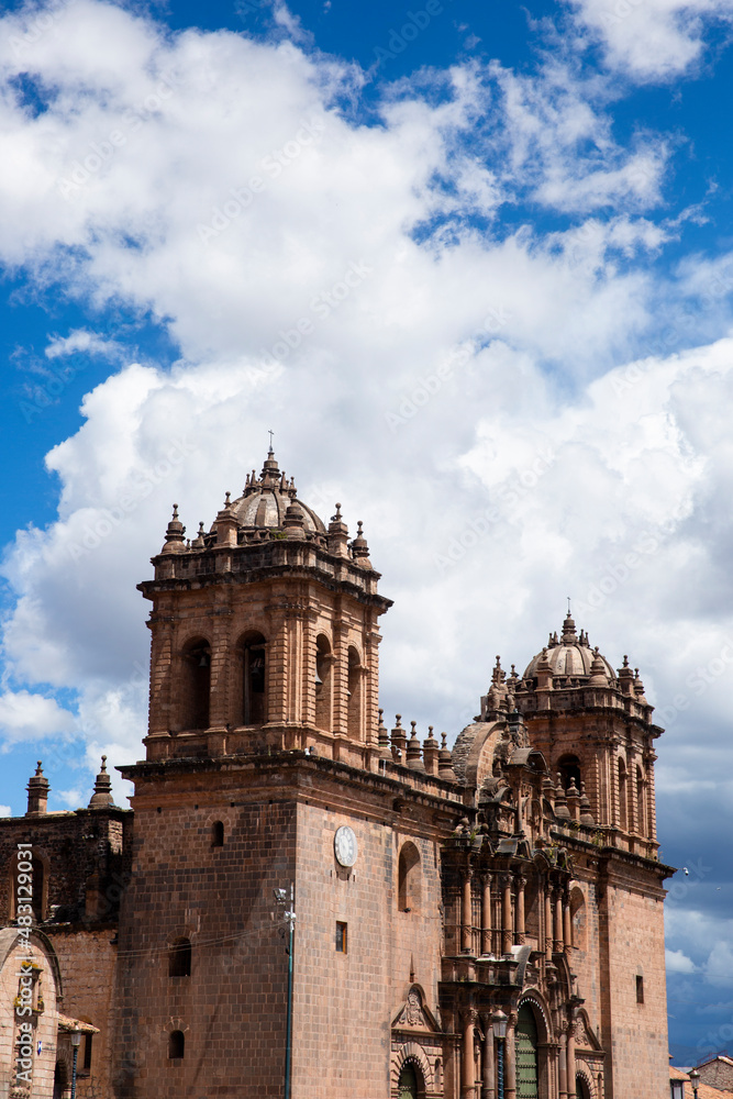 Traditional catholic church in Cusco Peru. Colonial building in Peruvian Andes. Cathedral and main square in Cusco.