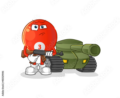 red billiard ball soldier with tank character. cartoon mascot vector