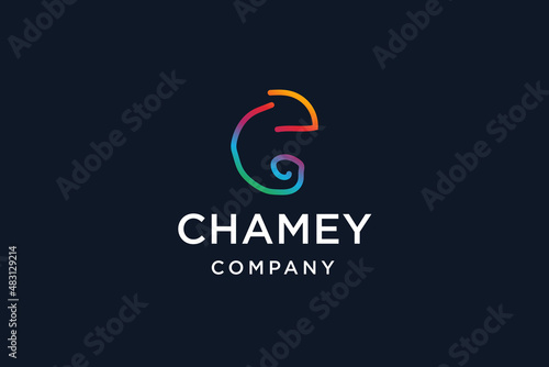 Abstract line art chameleon animal logo design vector illustration.