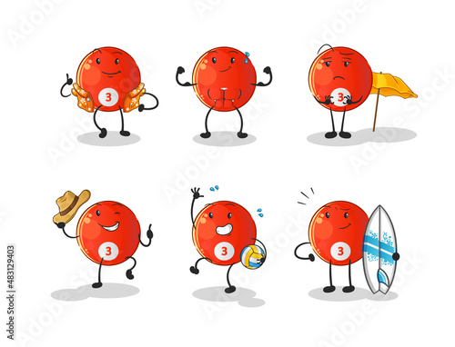 red billiard ball beach vacation set character. cartoon mascot vector