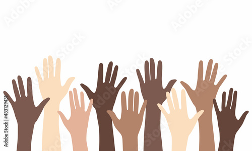 Raised up hands of people with different skin colors.  Vector illustration