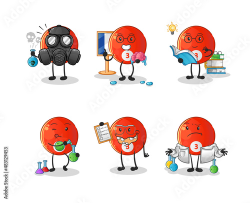 red billiard ball scientist group character. cartoon mascot vector