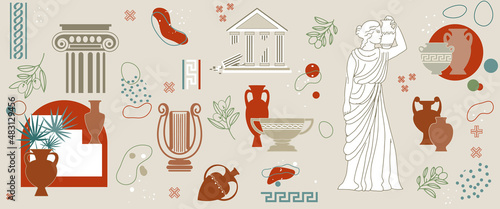 A set of antique ancient Greek statues, jugs, amphorae, vases and column capitals. Vector abstract background with elements of Greek ornament.
