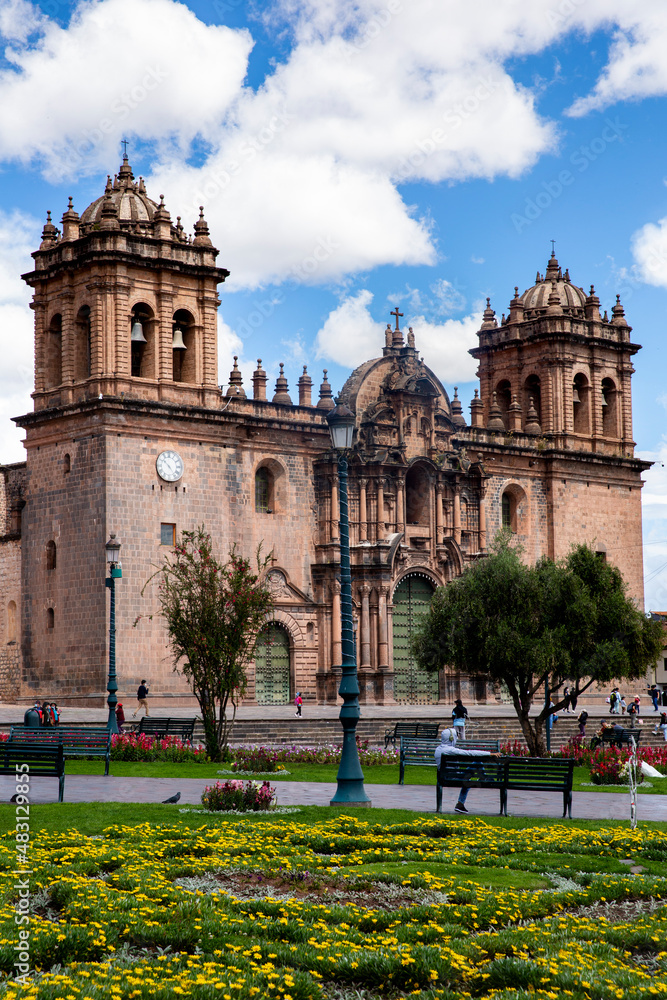 Traditional catholic church in Cusco Peru. Colonial building in Peruvian Andes. Cathedral and main square in Cusco.