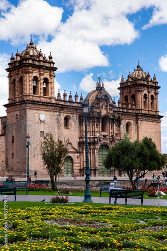 Traditional catholic church in Cusco Peru. Colonial building in Peruvian Andes. Cathedral and main square in Cusco.