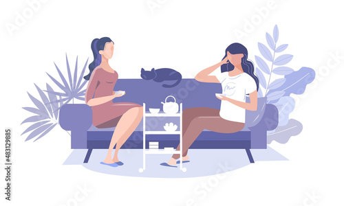 Meeting friends, tea party, conversation. Two girls on the sofa in the background of home interior. Illustration in purple tones very peri