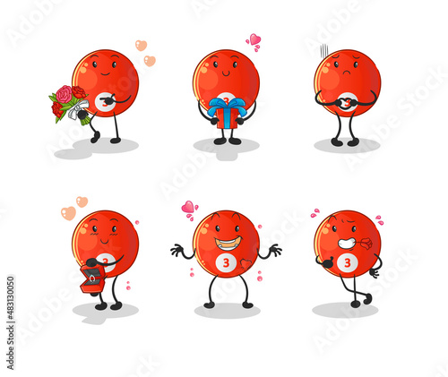 red billiard ball love set character. cartoon mascot vector