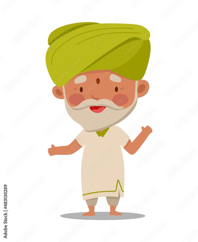 Indian older man grandpa is cute and funny. Vector illustration in a flat cartoon style