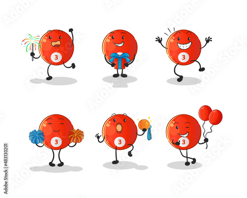 red billiard ball celebration set character. cartoon mascot vector