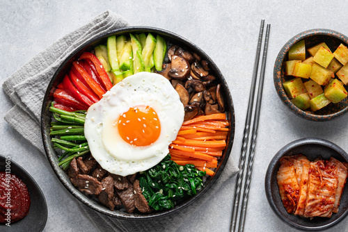  Bibimbap, traditional korean dish, top view photo