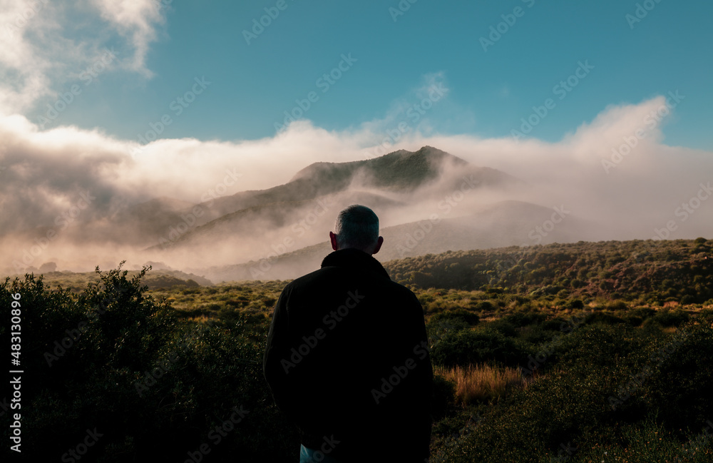 Rear view of adult man looking at view of mountains. Cabo de Gata Nature Park, Almeria, Spain