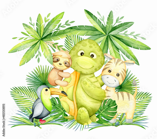 Fototapeta Naklejka Na Ścianę i Meble -  Zebra, turtle, toucan, sloth, tropical, leaves and palm trees. Watercolor animals, in cartoon style, on an isolated background