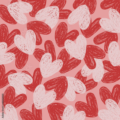 Valentine's day illustration with dark pink and white hearts on a pastel pink background. Valentine's day pattern. Valentine's day background. Valentine's day card. 14th February.
